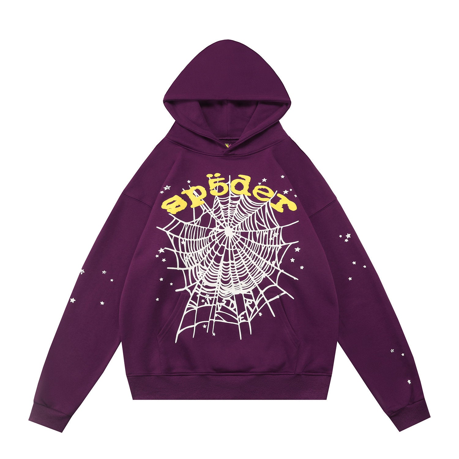 sp5der Yellow Logo White Spiderweb Star Sleeve Pullover Hoodie Purple