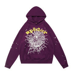 sp5der Yellow Logo White Spiderweb Star Sleeve Pullover Hoodie Purple