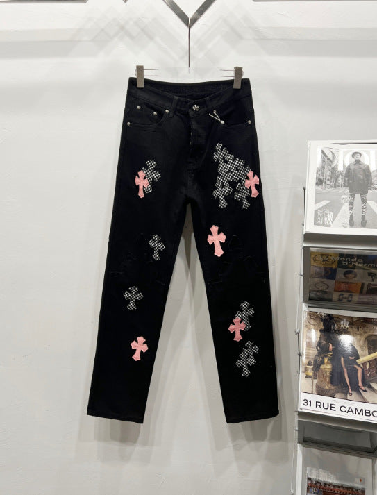 Chrome Hearts Pink & Black Cross Applique Jeans
