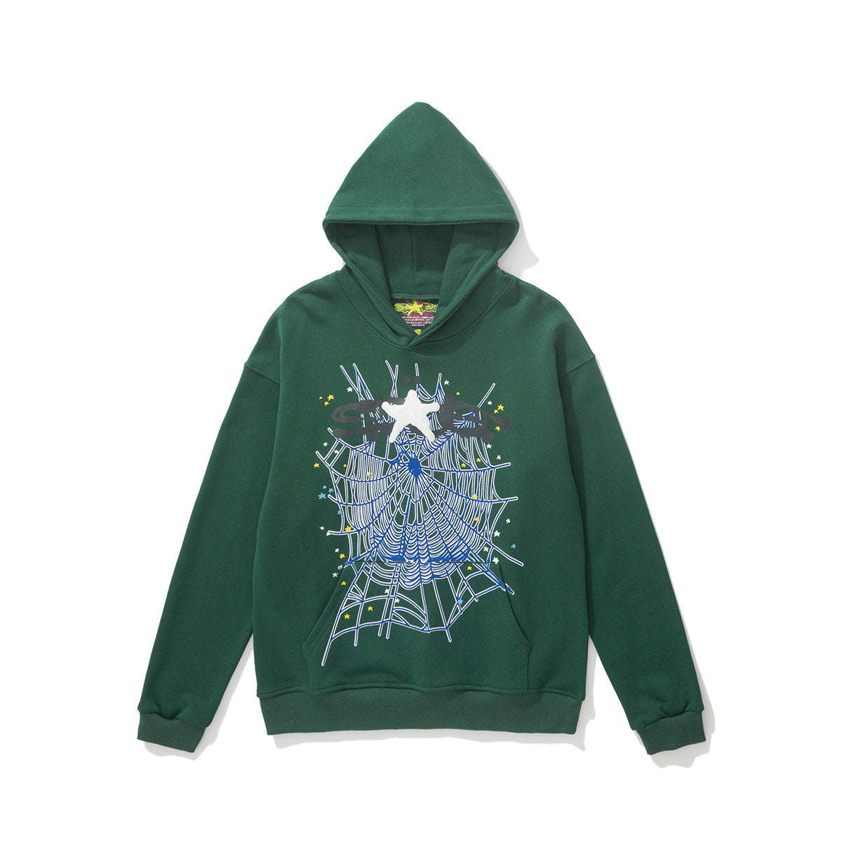 sp5der Multi‑Accent Spiderweb Star Graphic Pullover Hoodie Forest Green