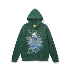 sp5der Multi‑Accent Spiderweb Star Graphic Pullover Hoodie Forest Green