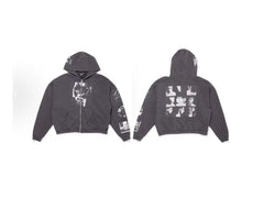 Enfants Riches Déprimés Chest Graphic & Back Six-Panel Grid Zip-Up Hoodie - Washed Black