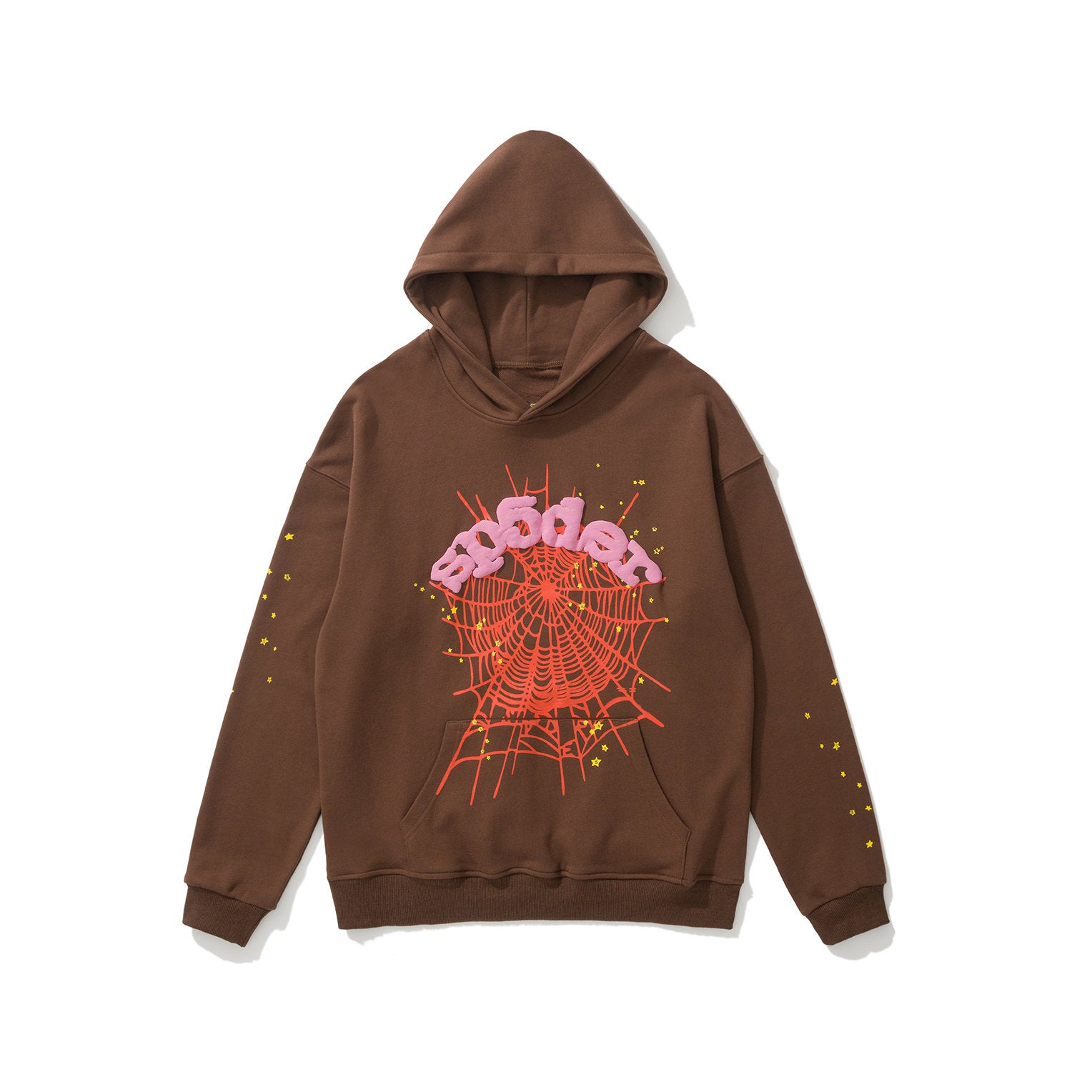 sp5der Orange Spiderweb Yellow Star Print Pullover Hoodie Chocolate Brown