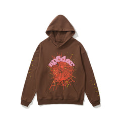 sp5der Orange Spiderweb Yellow Star Print Pullover Hoodie Chocolate Brown