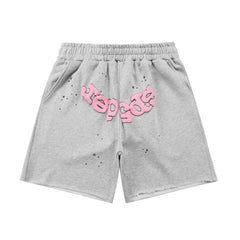 sp5der Rep Gods Star‑Print Raw‑Edge Casual Sweat Shorts Heather Grey