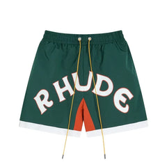 RHUDE Arch Logo Drawstring Athletic Shorts - Dark Green & Orange