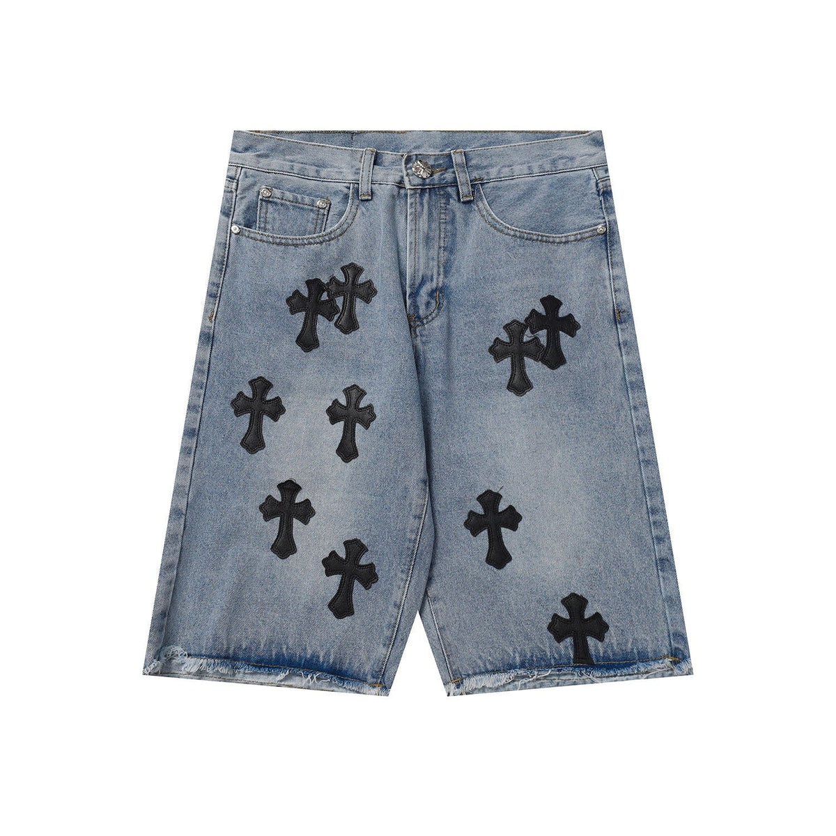 Chrome Hearts Classic Blue & Black Cross Patch Denim Shorts