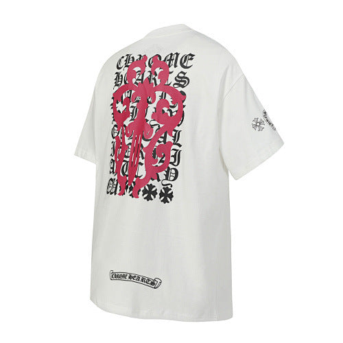 Chrome Hearts Pink Complex Scroll & Cross Short Sleeve T-Shirt (White)
