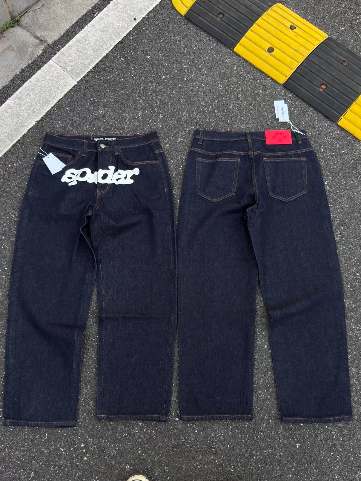sp5der White Bubble Logo Raw Indigo Baggy Jeans