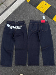 sp5der White Bubble Logo Raw Indigo Baggy Jeans