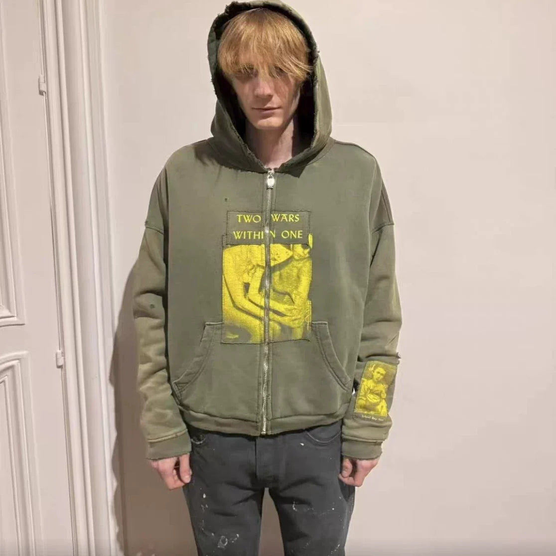 Enfants Riches Déprimés Yellow Graphic Zip-Up Hoodie - Olive Green