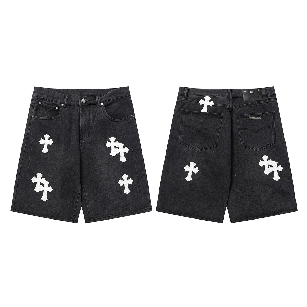 Chrome Hearts Black & White Cross Patch Denim Shorts