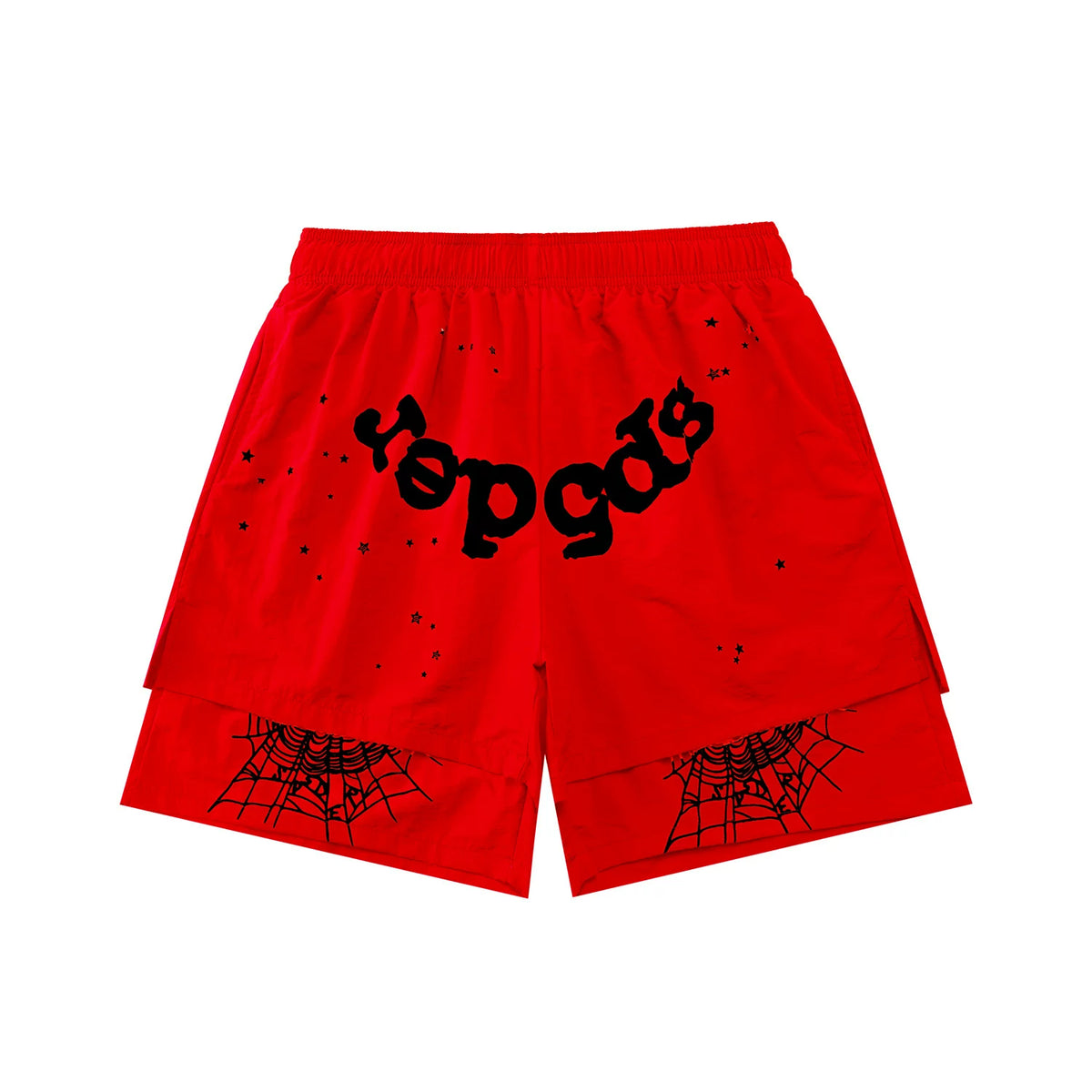 sp5der Rep Gods Star Spiderweb Double‑Layer Athletic Shorts Red