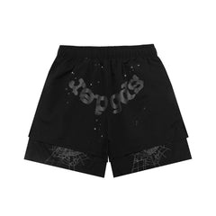 sp5der Rep Gods Star Spiderweb Double‑Layer Athletic Shorts Black