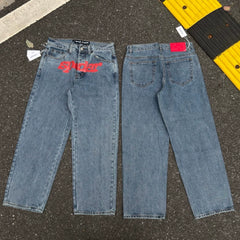 sp5der Red Bubble Logo Baggy Straight‑Leg Light Wash Jeans