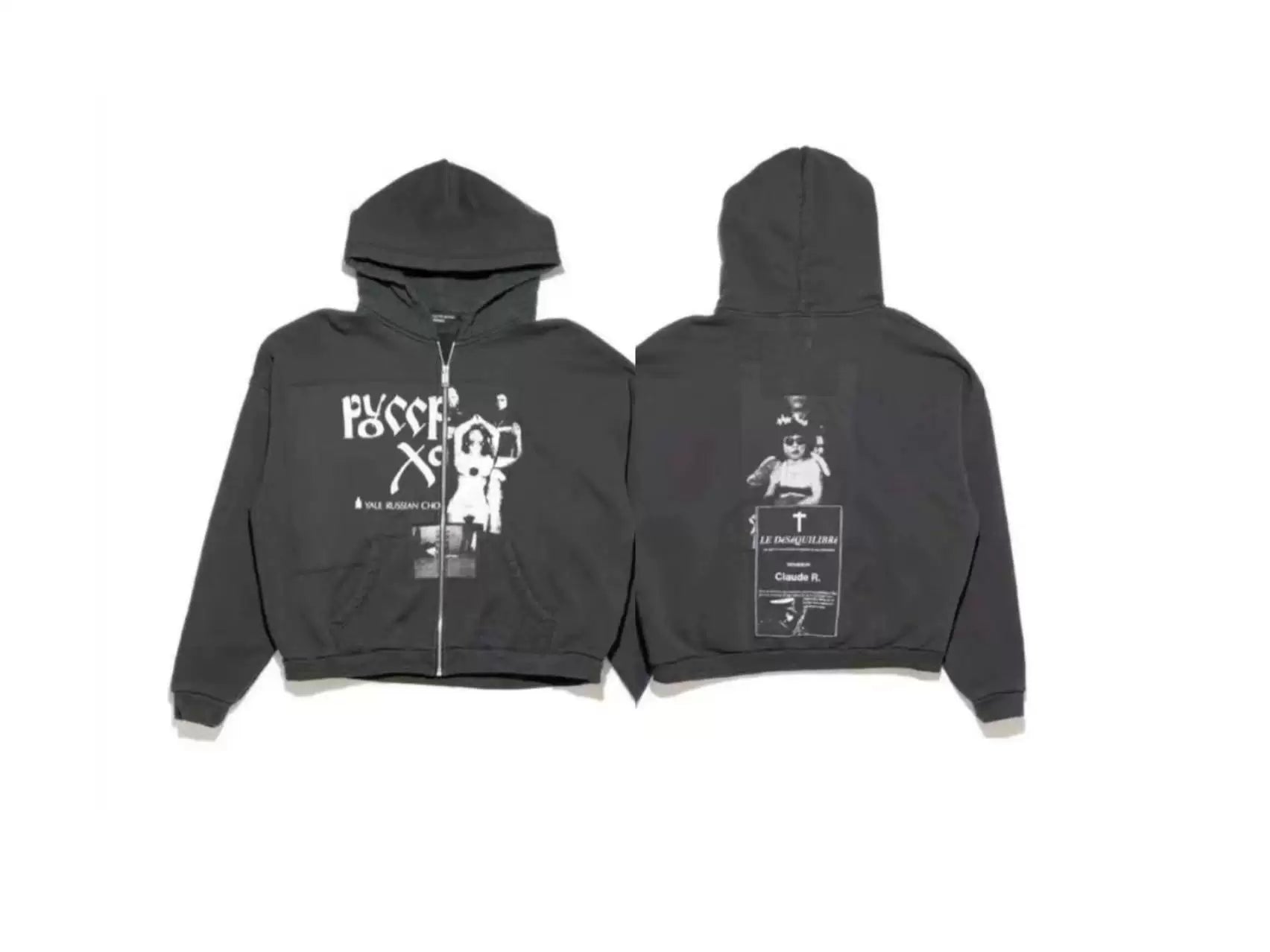 Enfants Riches Déprimés "Freres" Gothic Text & Photo Zip-Up Hoodie - Washed Black