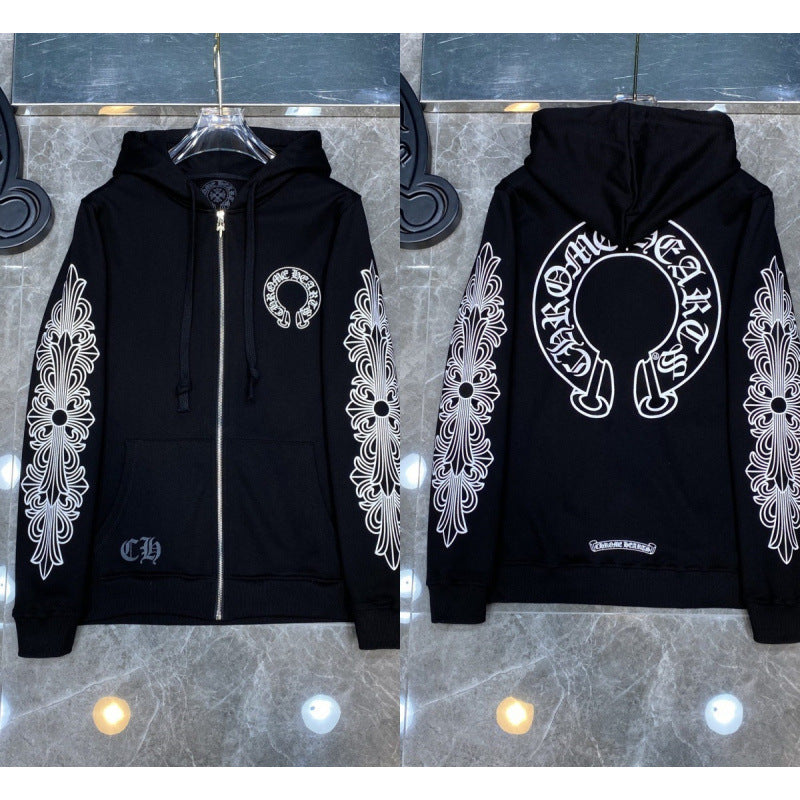 Chrome Hearts Horseshoe & Floral Cross Zip-Up Hoodie (Black)