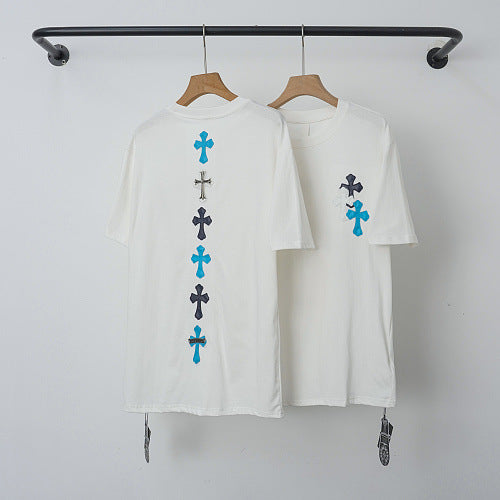 Chrome Hearts Vertical Gradient Blue Cross Short Sleeve T-Shirt (White)