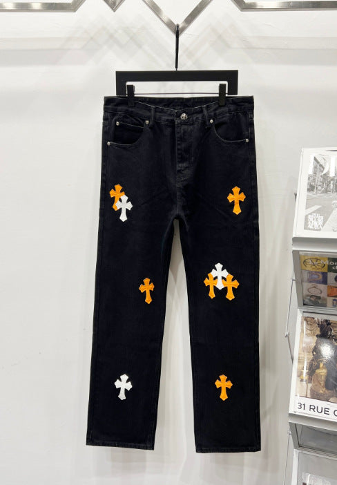 Chrome Hearts Black & Orange-White Cross Patch Denim Jeans