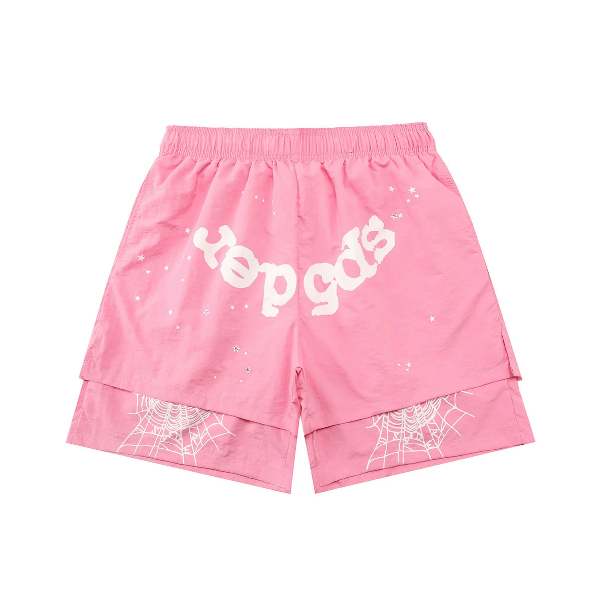 sp5der Rep Gods Star Spiderweb Double‑Layer Athletic Shorts Pink