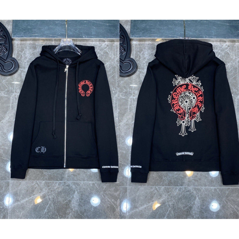 Chrome Hearts Red Horseshoe & Complex Cross Zip-Up Hoodie (Black)