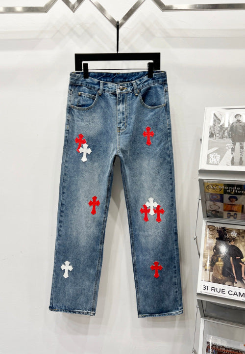 Chrome Hearts Classic Blue & Red-White Cross Patch Denim Jeans