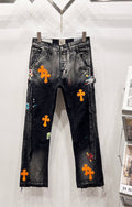 Chrome Hearts Black Heavy Wash & Orange Cross Patch Denim Jeans