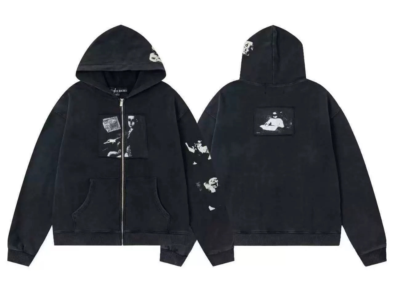 Enfants Riches Déprimés Single Box & Sleeve Patch Zip-Up Hoodie - Washed Black