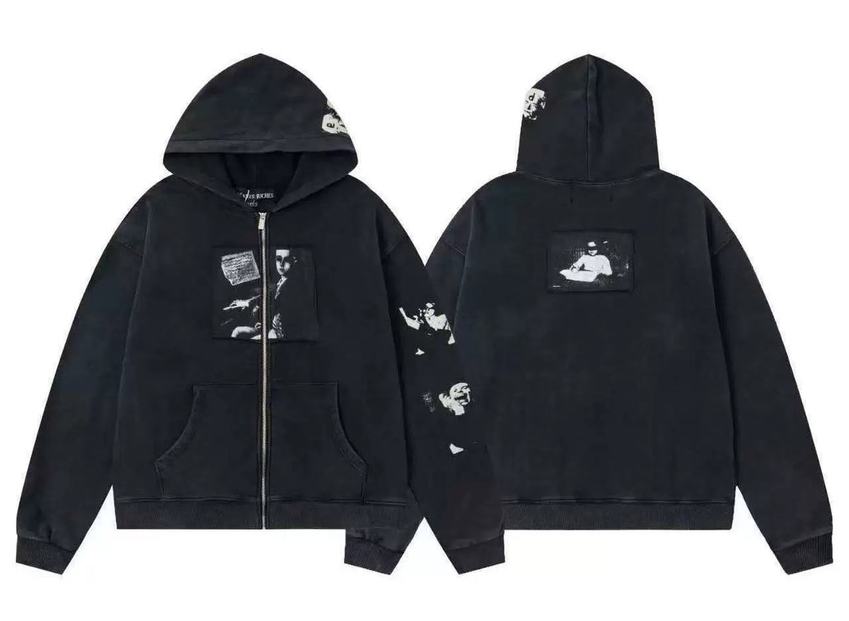 Enfants Riches Déprimés Single Box & Sleeve Patch Zip-Up Hoodie - Washed Black