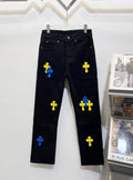Chrome Hearts Blue and Yellow Cross Applique Jeans
