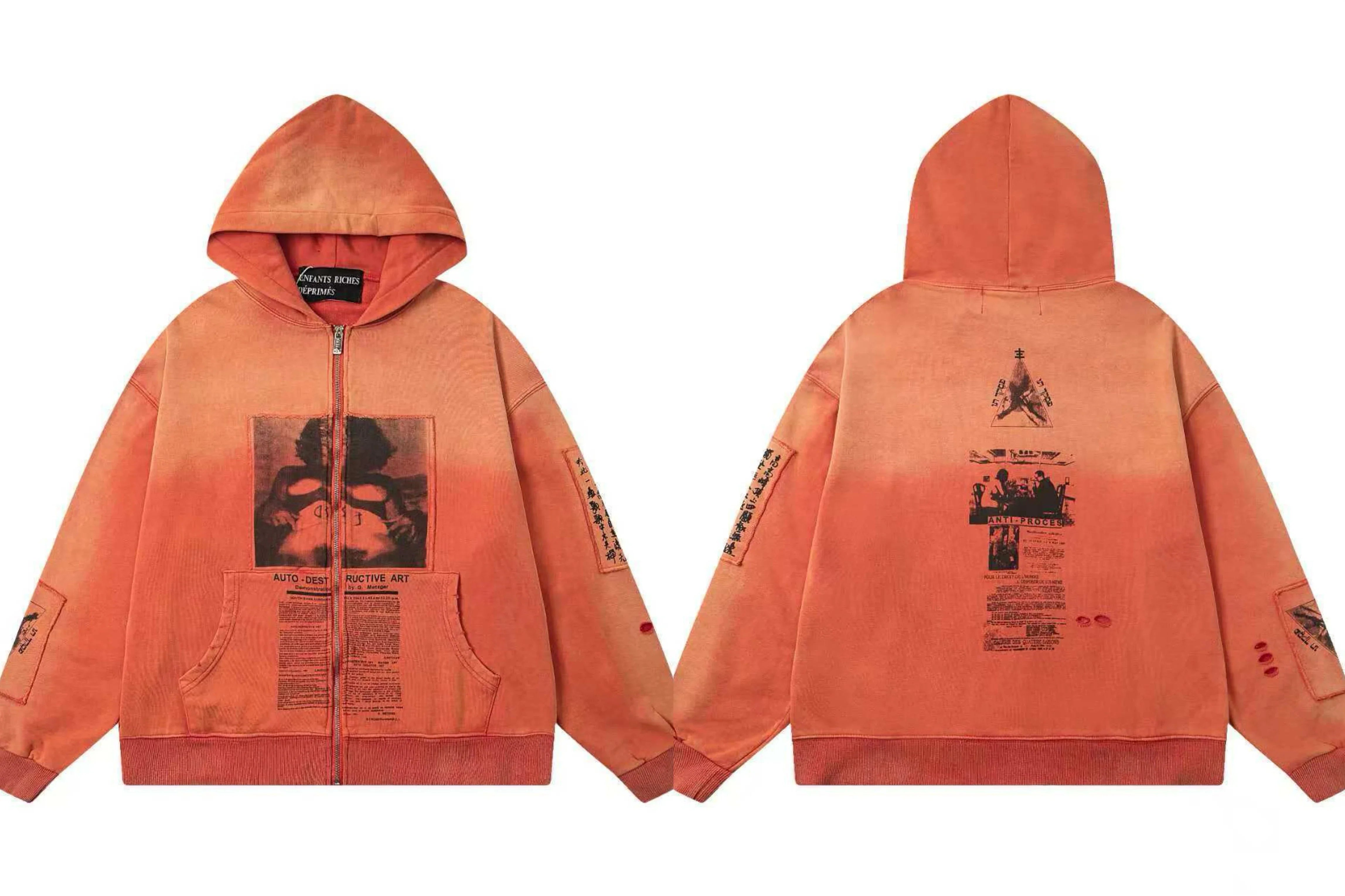 Enfants Riches Déprimés Gradient Portrait & Text Zip-Up Hoodie - Orange/Red