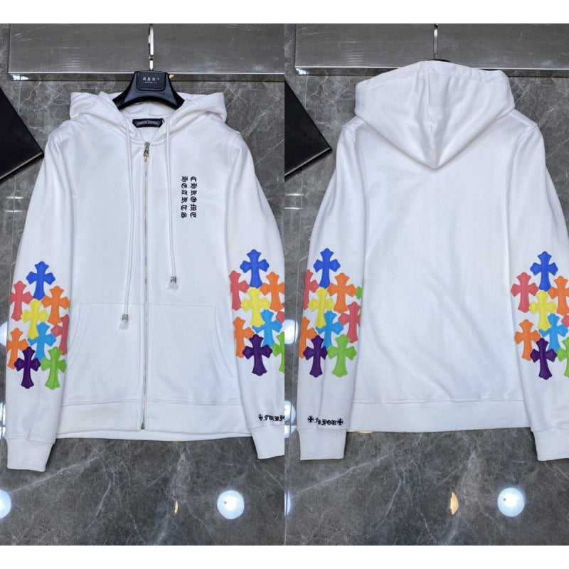 Chrome Hearts Multi-Color Cross Sleeve Zip-Up Hoodie (White)