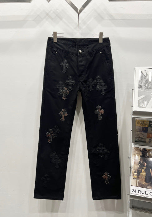 Chrome Hearts Black Leather Cross Patch Denim Jeans