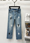 Chrome Hearts Classic Blue Black & White Cross Patch Denim Jeans