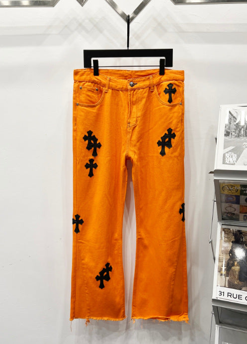Chrome Hearts Bright Orange & Black Cross Patch Denim Jeans