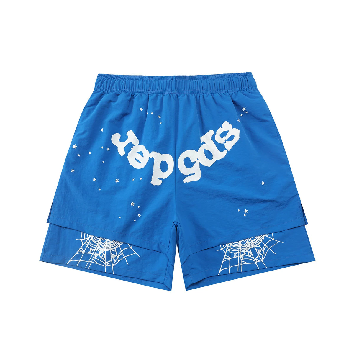 sp5der Rep Gods Star Spiderweb Double‑Layer Athletic Shorts Royal Blue