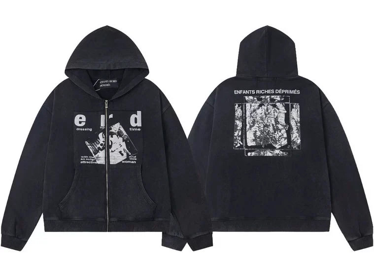Enfants Riches Déprimés "e-r-d" Logo & Box Print Zip-Up Hoodie - Washed Black