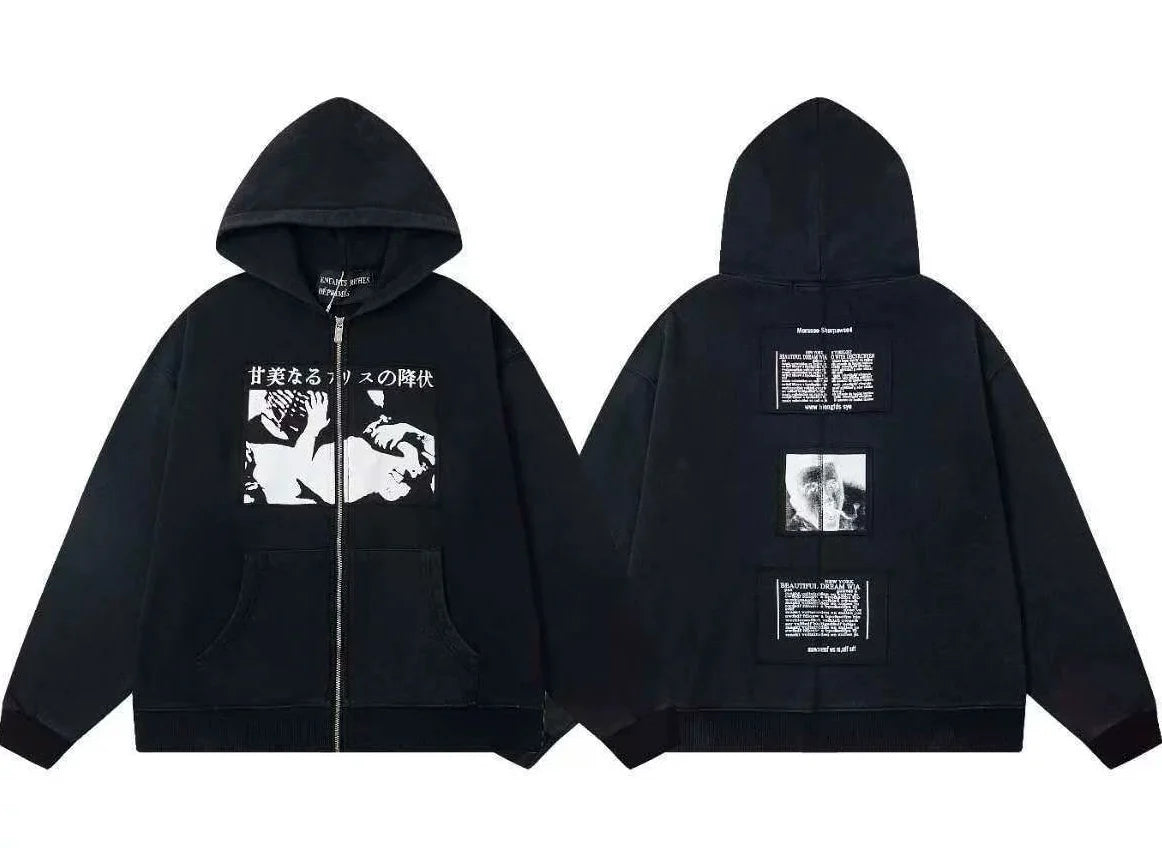 Enfants Riches Déprimés Horizontal Art & Grid Back Zip-Up Hoodie - Washed Black