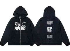 Enfants Riches Déprimés Horizontal Art & Grid Back Zip-Up Hoodie - Washed Black