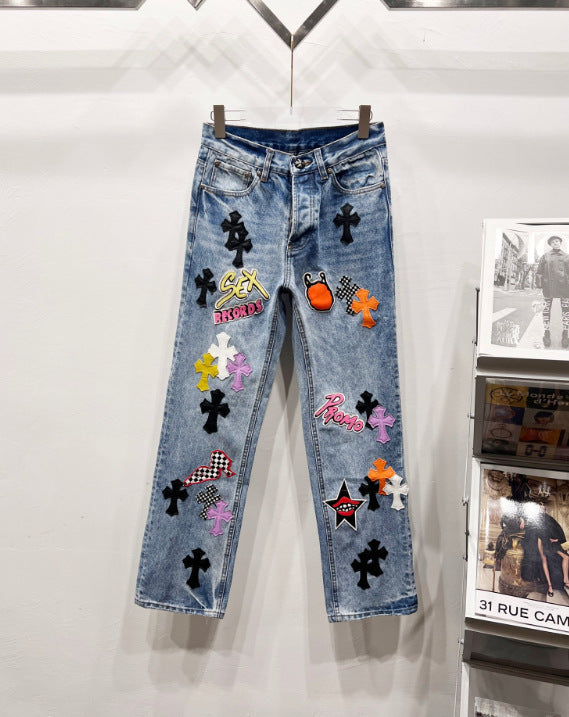 Chrome Hearts Heavy-Embellished Multi-Color Cross Jeans