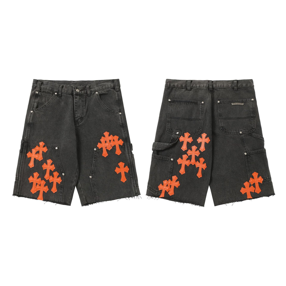 Chrome Hearts Black Heavy Wash & Vibrant Orange Cross Patch Denim Shorts