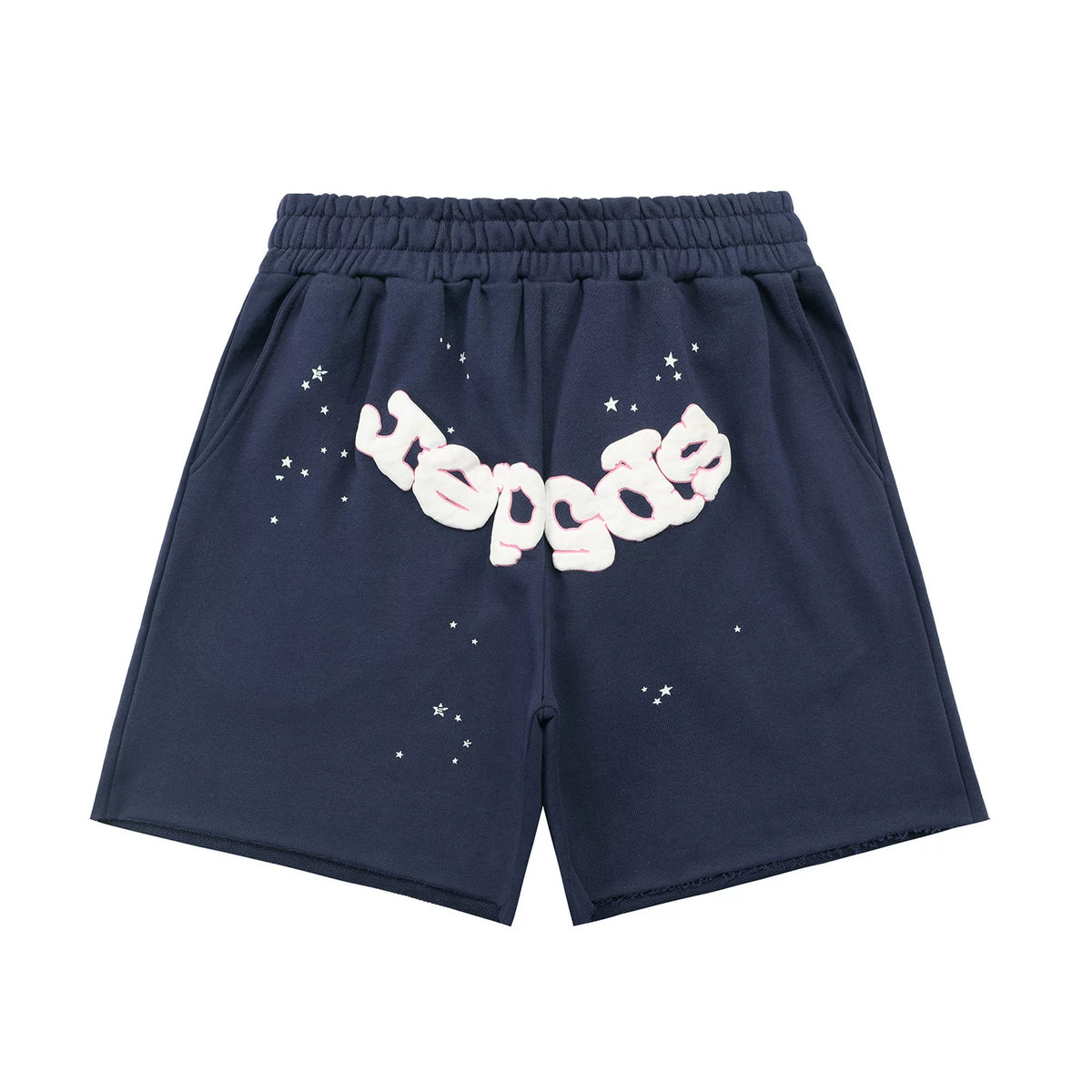 sp5der Rep Gods Star‑Speckled Raw‑Edge Sweat Shorts Navy Blue