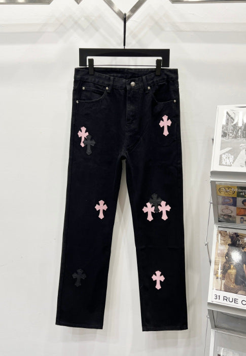 Chrome Hearts Black & Pink-Black Cross Patch Denim Jeans