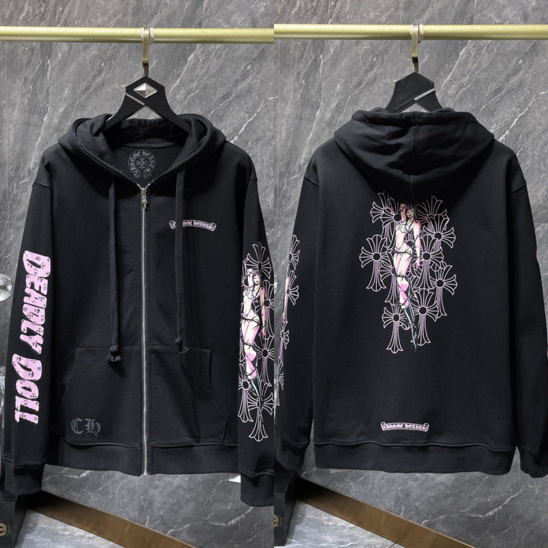 Chrome Hearts "DEADLY DOLL" Pink Scroll & Anime Zip-Up Hoodie (Black)