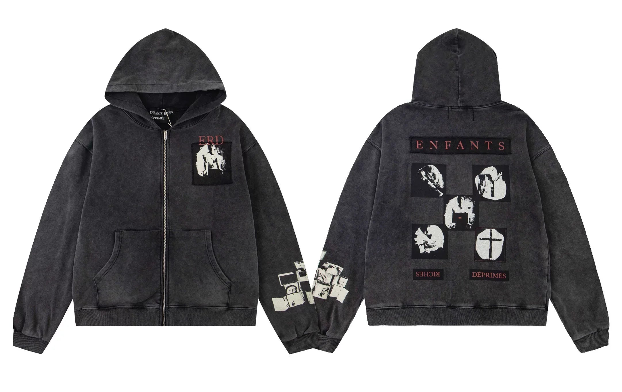 Enfants Riches Déprimés Multi-Panel Photo Zip-Up Hoodie - Washed Black