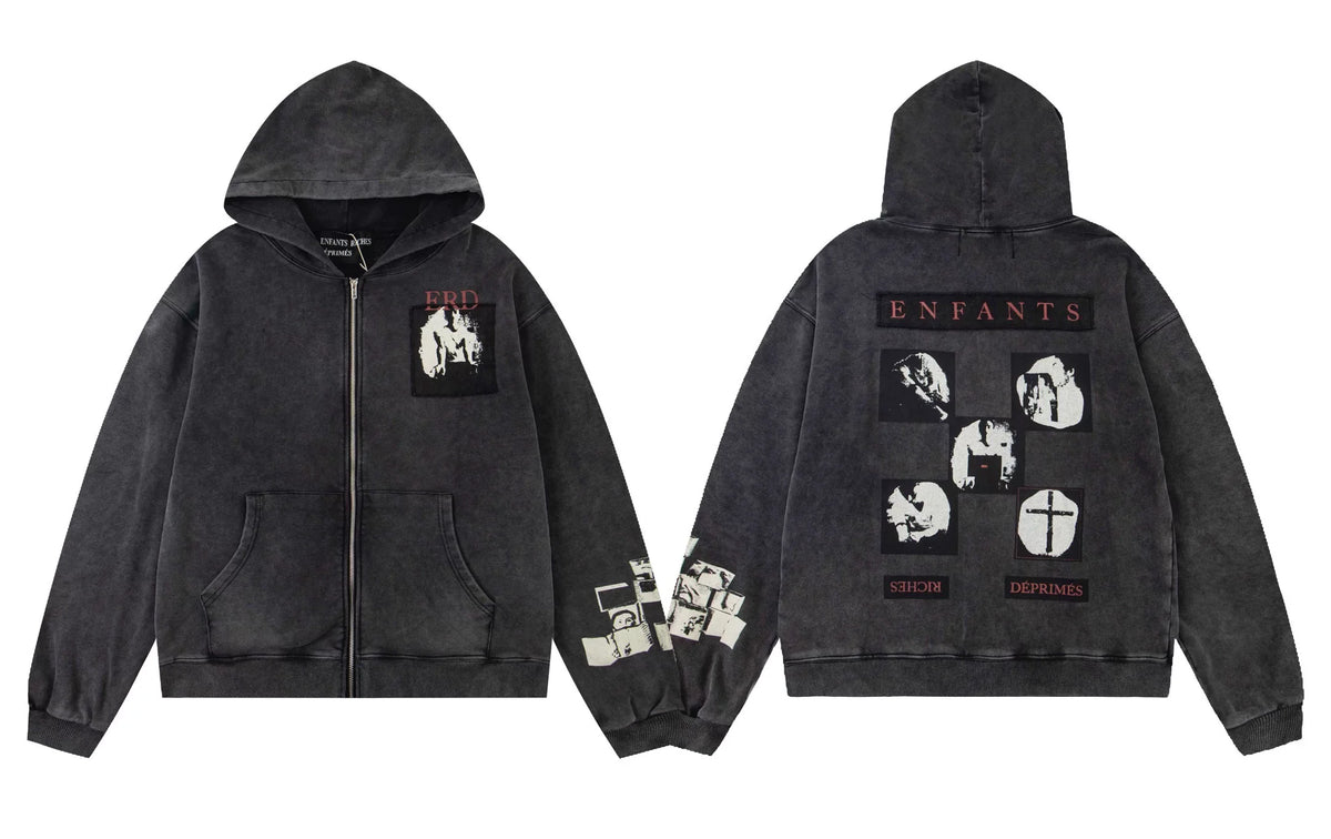 Enfants Riches Déprimés Multi-Panel Photo Zip-Up Hoodie - Washed Black