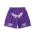 sp5der Rep Gods Star Spiderweb Double‑Layer Athletic Shorts Purple