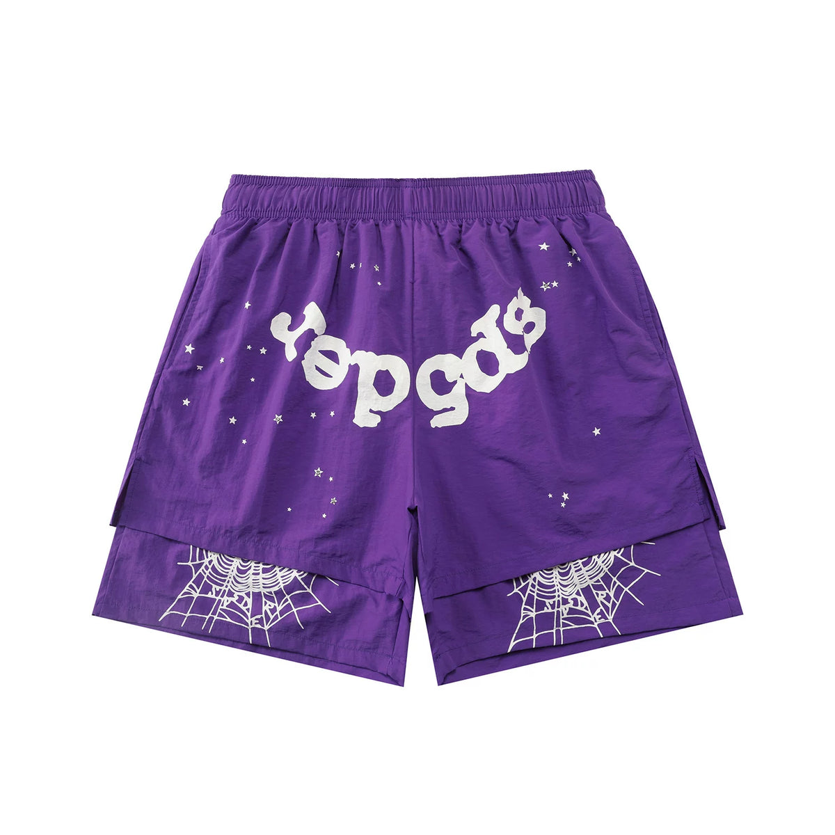 sp5der Rep Gods Star Spiderweb Double‑Layer Athletic Shorts Purple