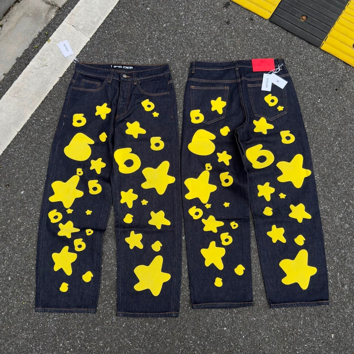 sp5der Yellow Star & 6‑Print Baggy Denim Jeans Raw Indigo