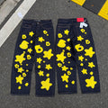 sp5der Yellow Star & 6‑Print Baggy Denim Jeans Raw Indigo